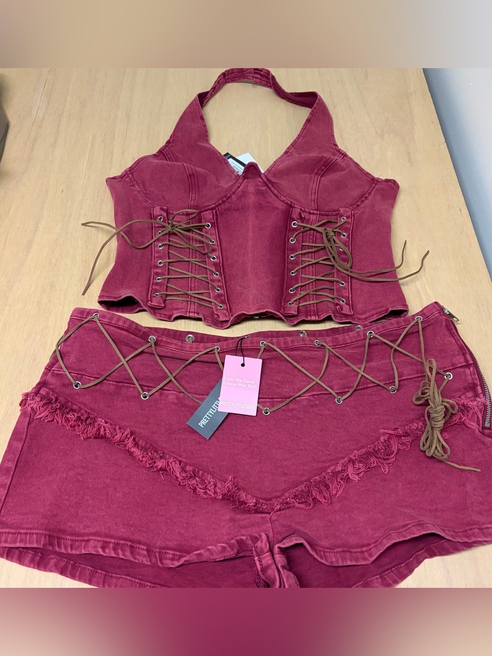 NWT PLT Burgundy Denim Co-Ord Set Corset Shorts Festival Indie Grunge Y2K 12